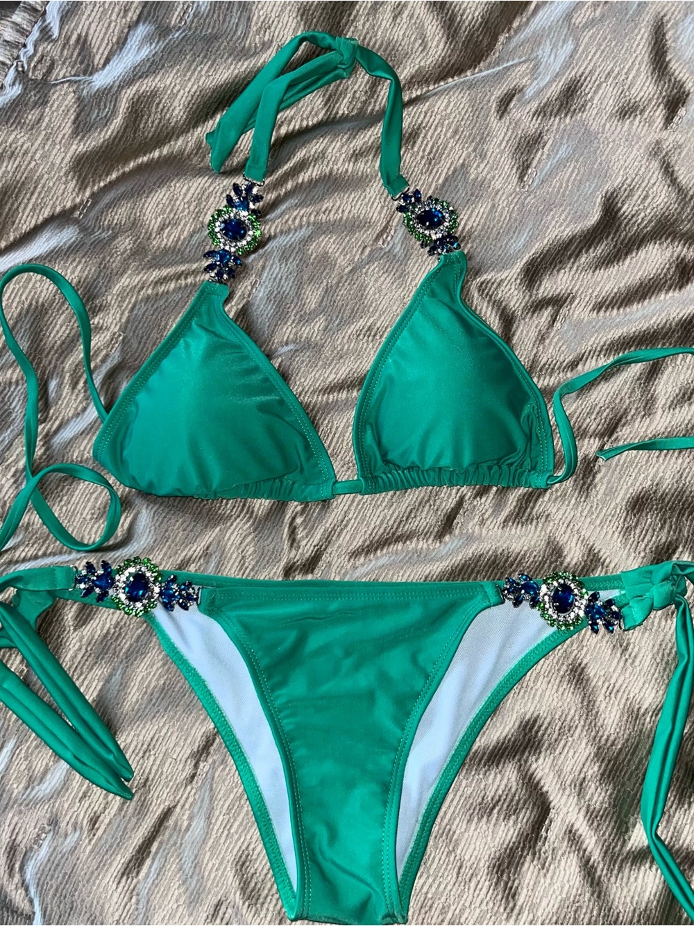 Green Embellished Triangle Bikini Set - Women's Swim